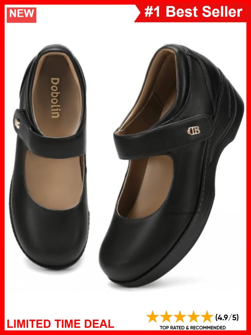 Mary Jane Pumps Faux Leather Arch Support Hook & Loop Round Toe